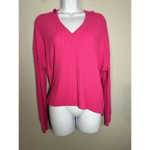 Chaser Revolve Ribbed V-Neck Hoodie in Rapture Pink - Super Soft‎ Knit - Size M